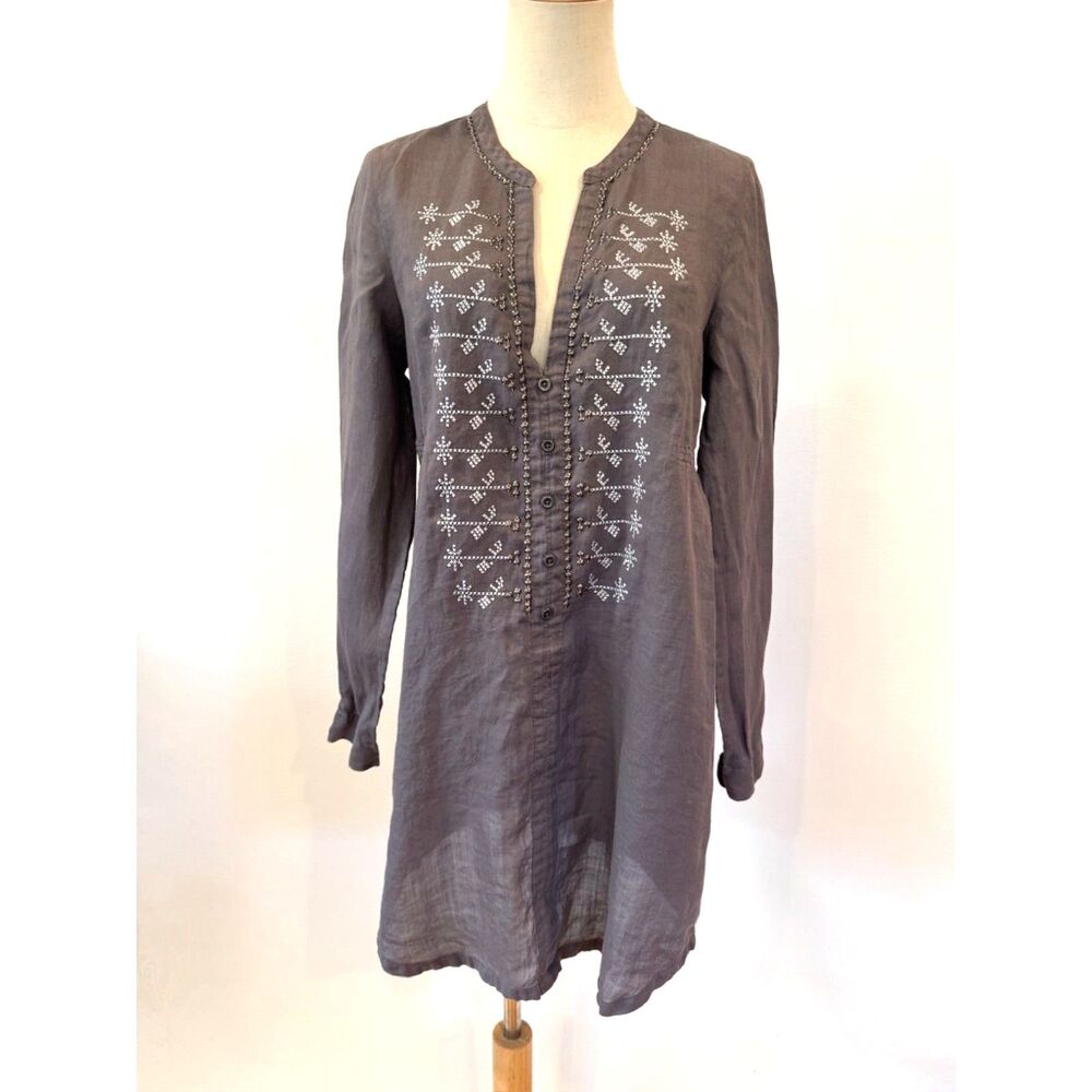 Wrap London Embroidered Grey Mini Dress Long Sleeves Small Metallic